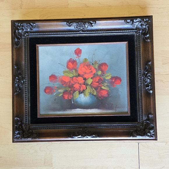 Other - Vintage Floral Painting in Ornate Frame Roses In Vase‎ Oil Pinting Signed